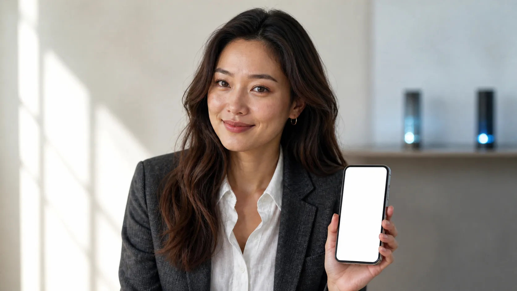 A woman checks a mobile experience on a phone.