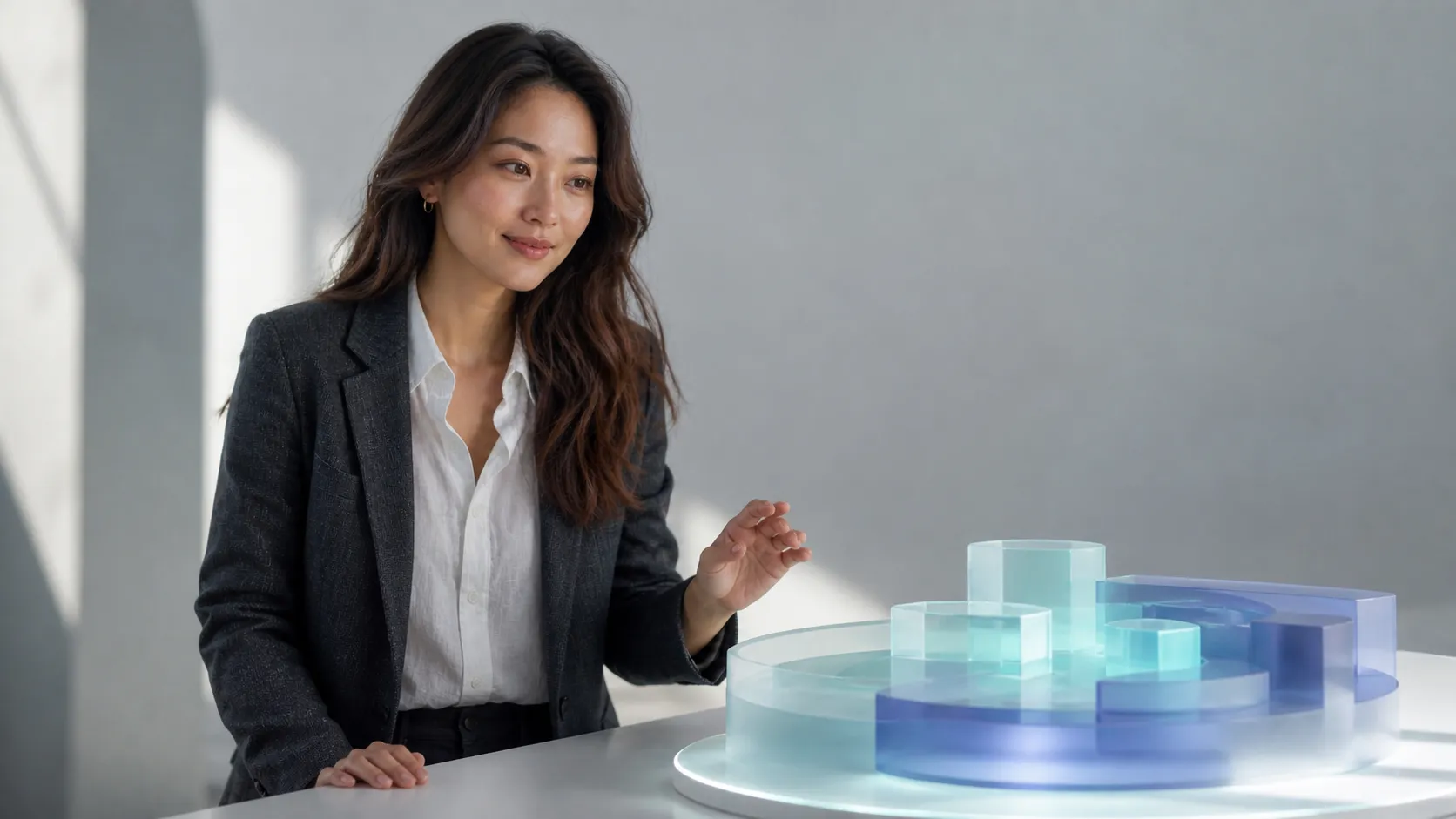A woman explores a simple three-dimensional simulation prototype.